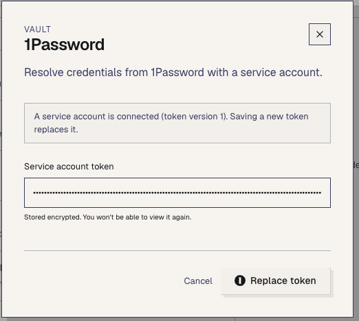 OutcomeCI 1Password connection form with the service account token masked
