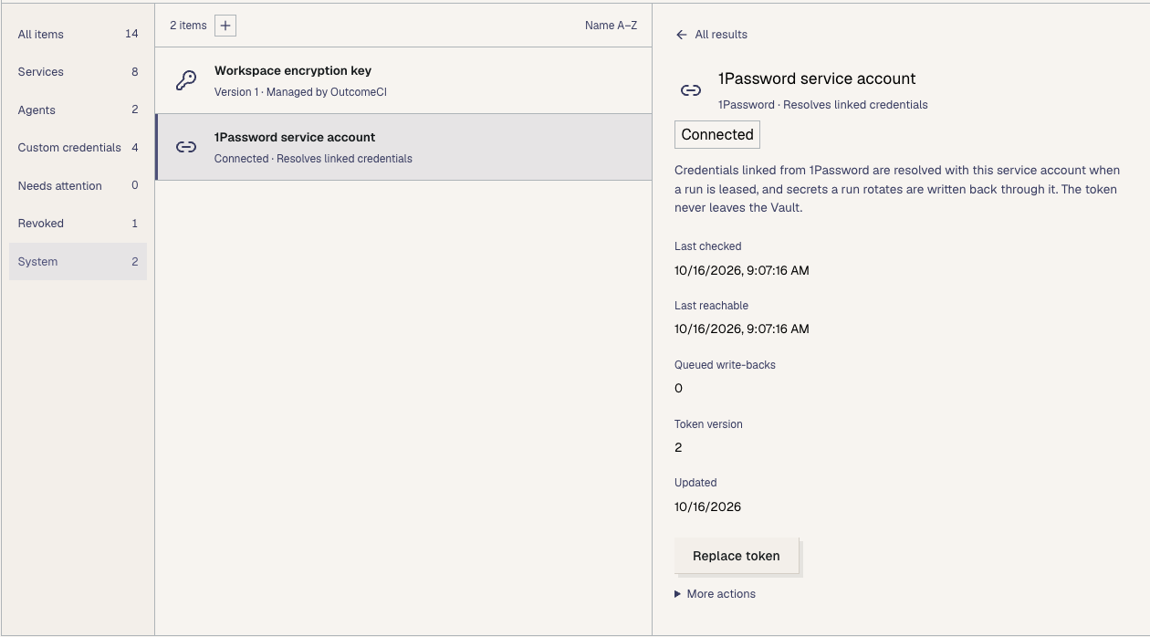 A connected 1Password service account in the OutcomeCI Vault