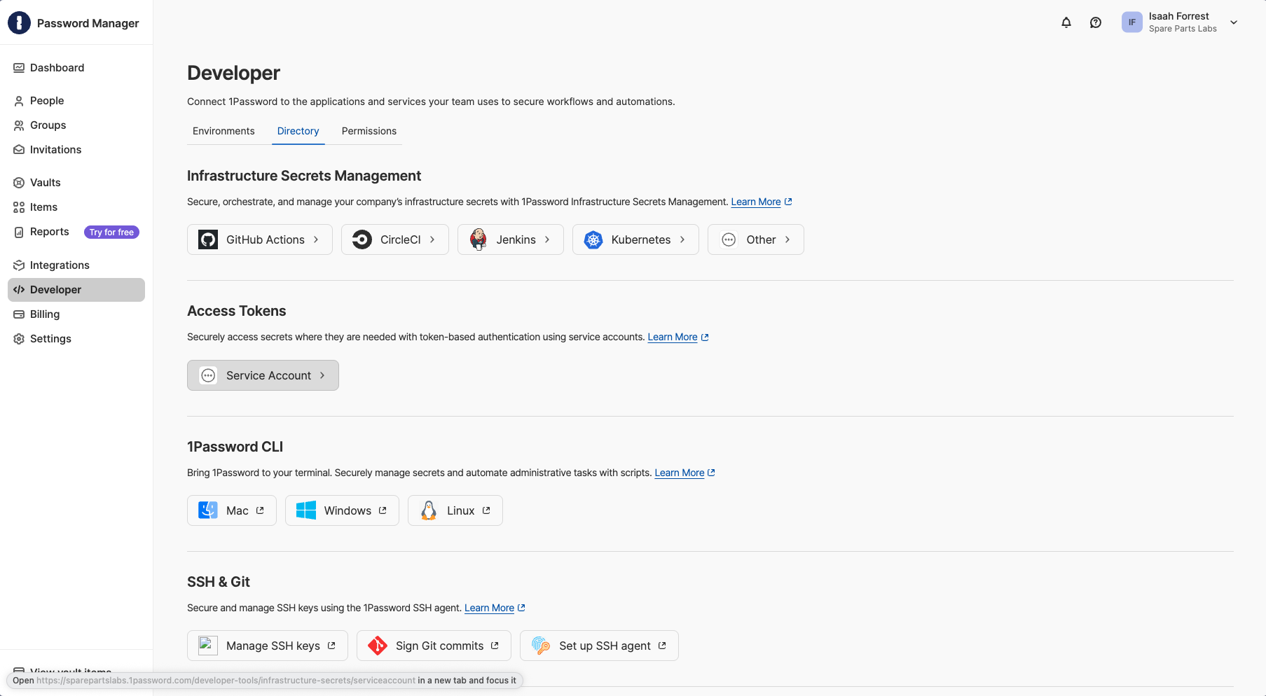 1Password Developer directory with the Service Account option