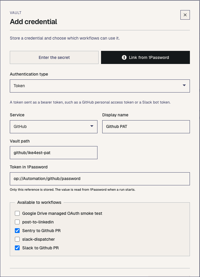 Link from 1Password form with a GitHub token reference and selected workflow access