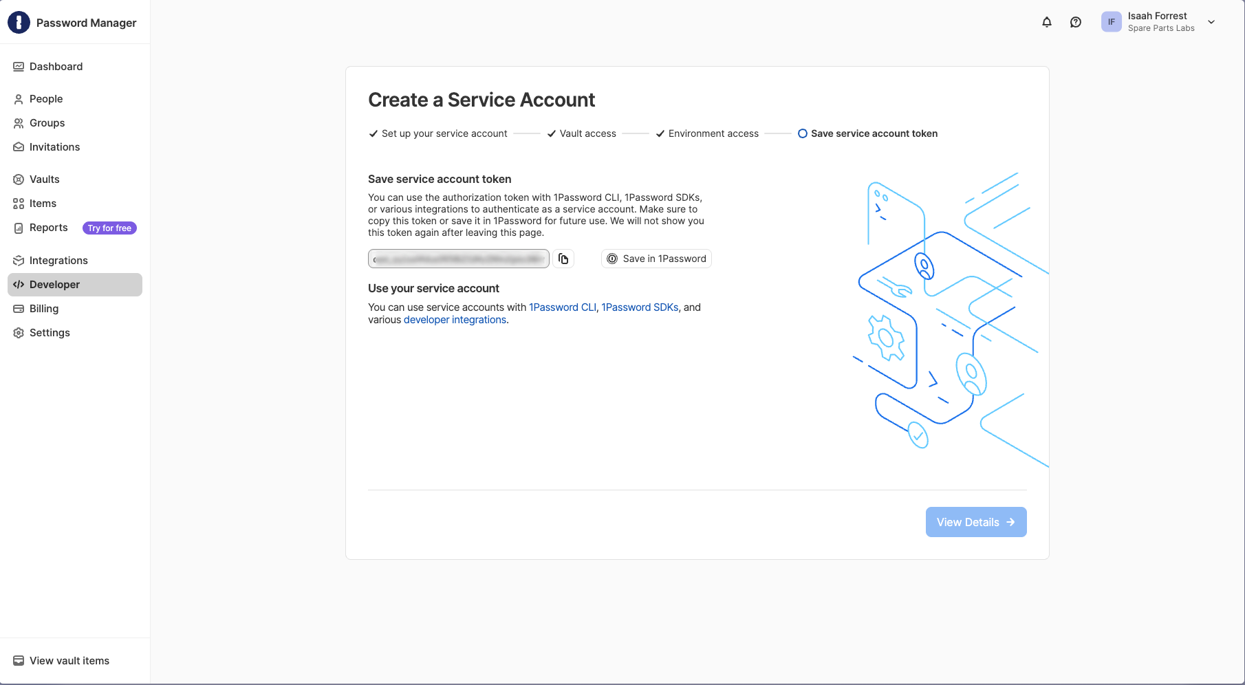 1Password service account token generation screen with copy and Save in 1Password controls