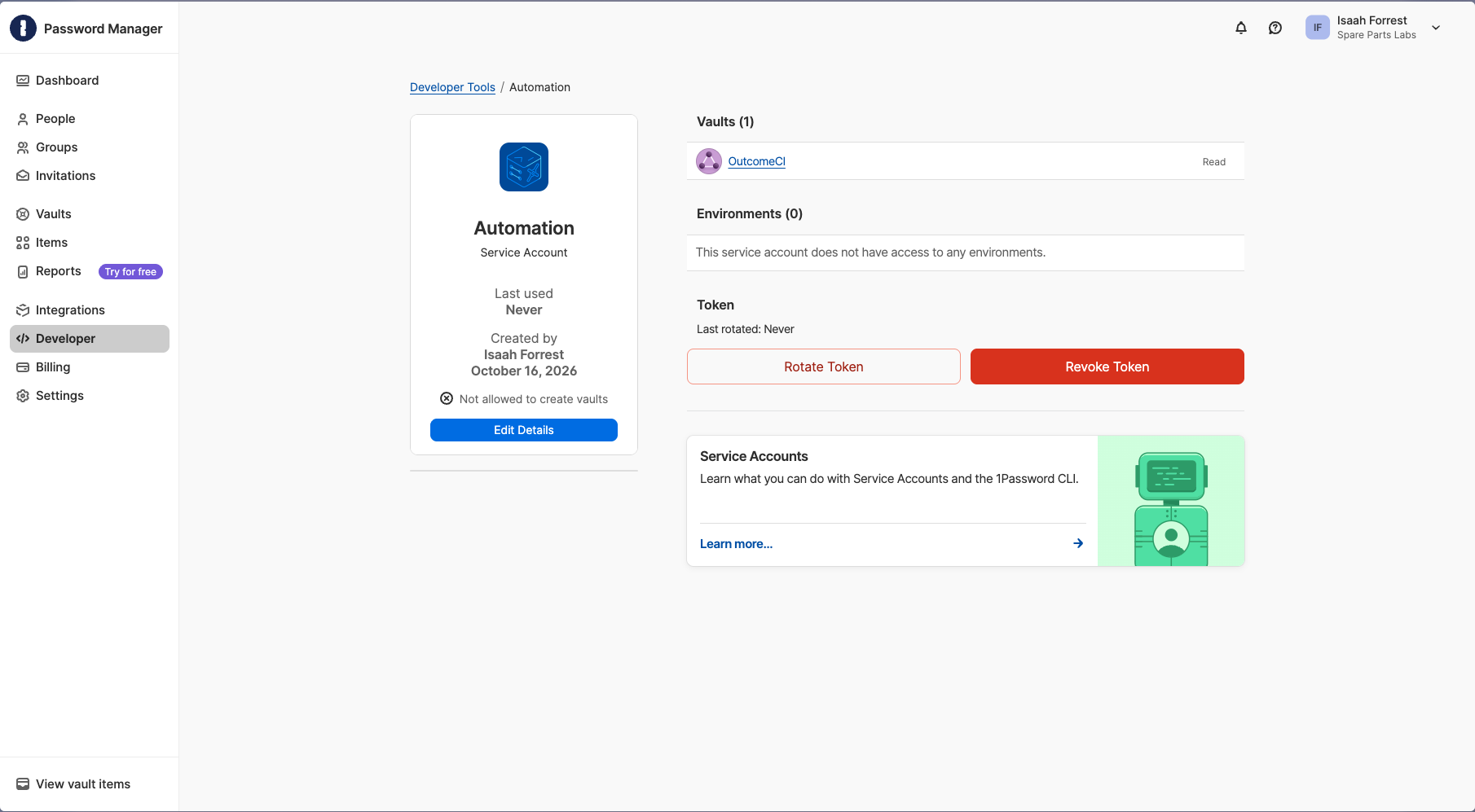Created Automation service account with read access to the OutcomeCI vault