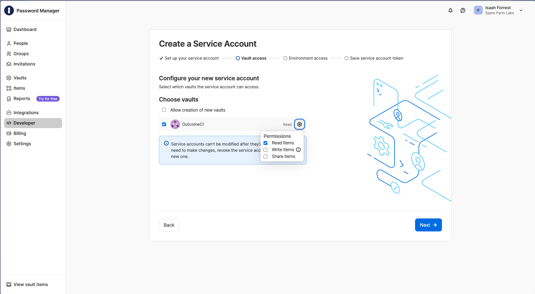 Service account vault access with Read Items enabled for the OutcomeCI vault