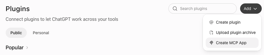 The Plugins page with the Add menu open on Create MCP App