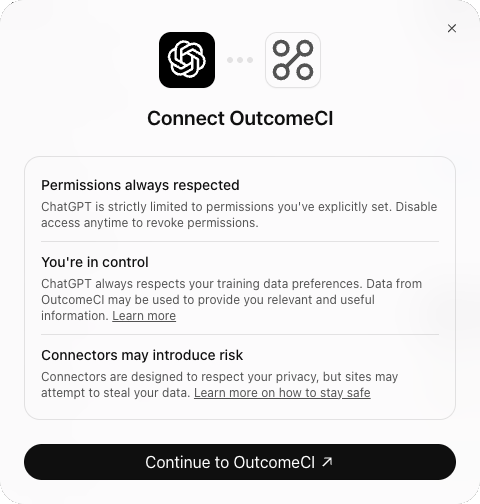 ChatGPT's Connect OutcomeCI screen with Continue to OutcomeCI