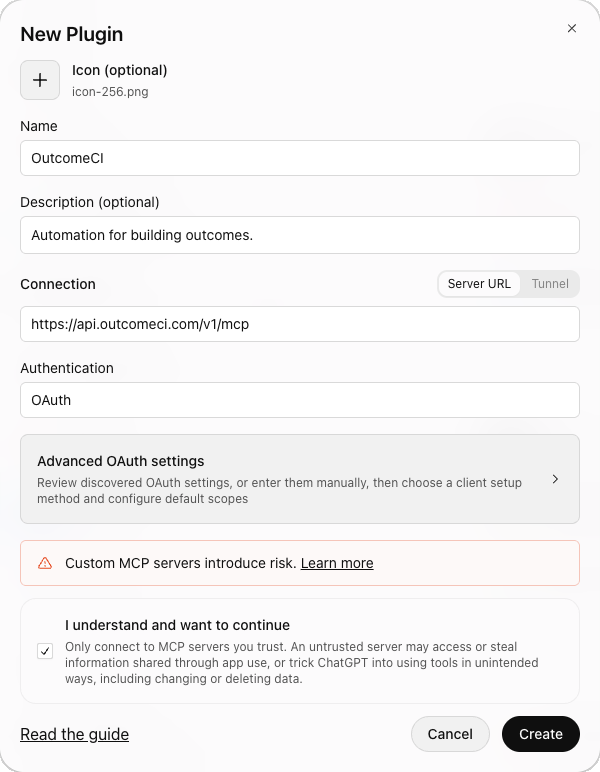 The New Plugin form filled in for OutcomeCI