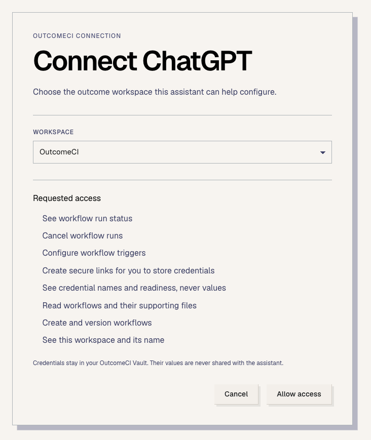 OutcomeCI asking which workspace ChatGPT can help configure