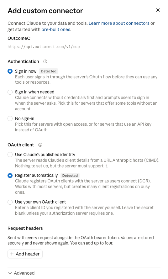 The authentication step, with Sign in now and Register automatically detected