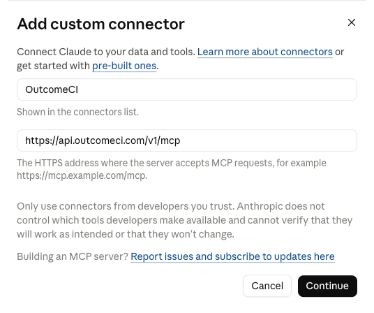 The Add custom connector dialog with the name and server URL filled in