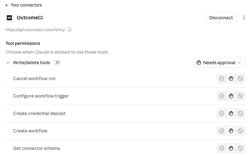 The connected OutcomeCI connector with its tool permissions