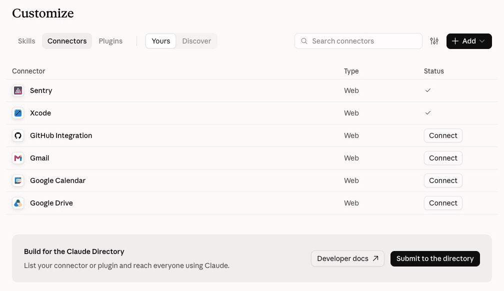 The Connectors tab in Customize, with the Add button