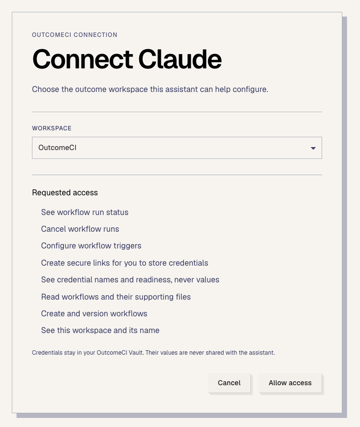 OutcomeCI asking which workspace Claude can help configure
