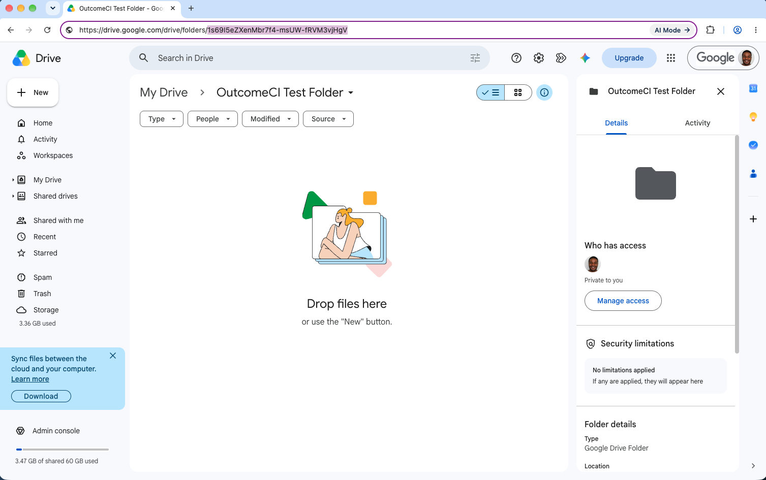 Google Drive test folder with its folder ID highlighted in the address bar