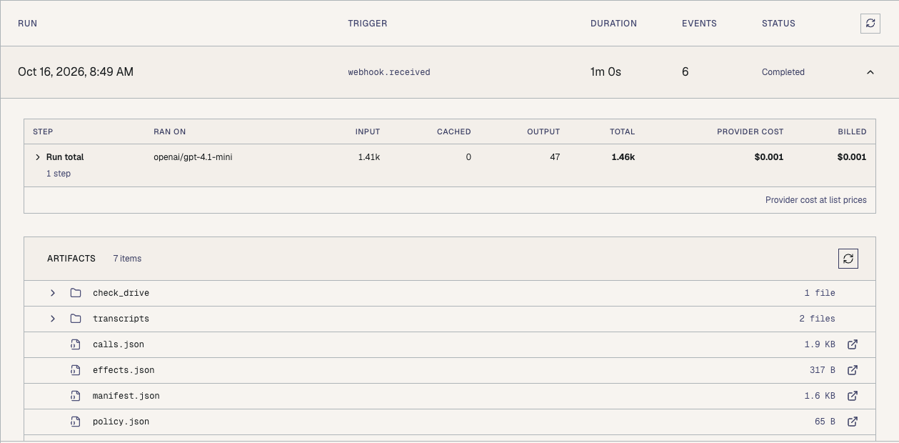 Completed webhook run with step usage and downloadable artifacts