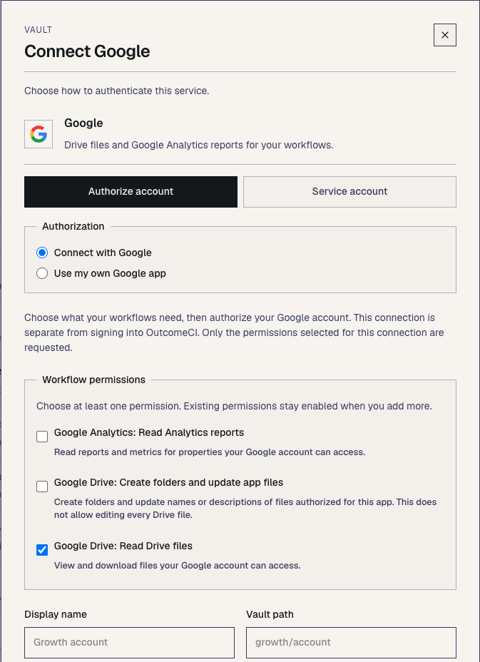 Connect Google form with Connect with Google selected and Read Drive files enabled