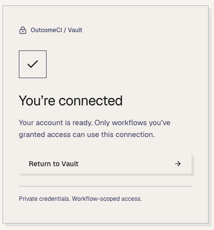 OutcomeCI confirms the Google account is connected