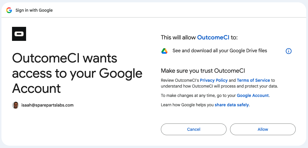 Google consent screen requesting permission to see and download Drive files