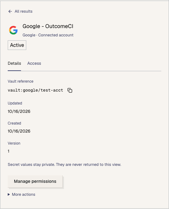 Active Google connection with the Vault reference vault/test-acct