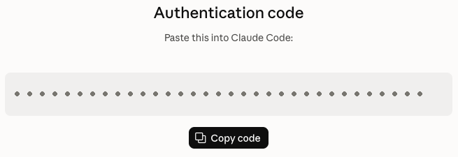 Claude's authentication code page with the Copy code button