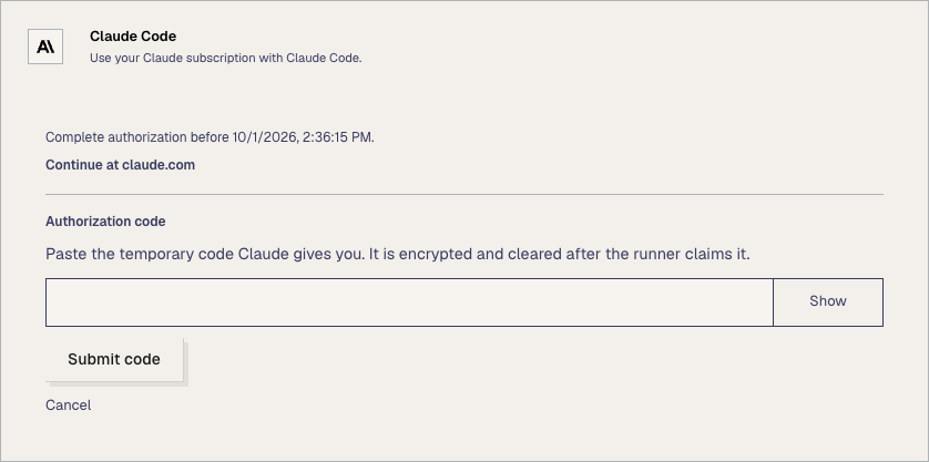 The Claude Code card in OutcomeCI with the Continue link and the authorization code field