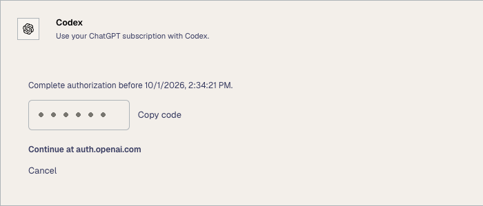 The Codex card in OutcomeCI with a one-time code and the Continue link