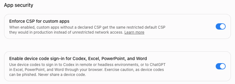 The App security section with device code sign-in switched on